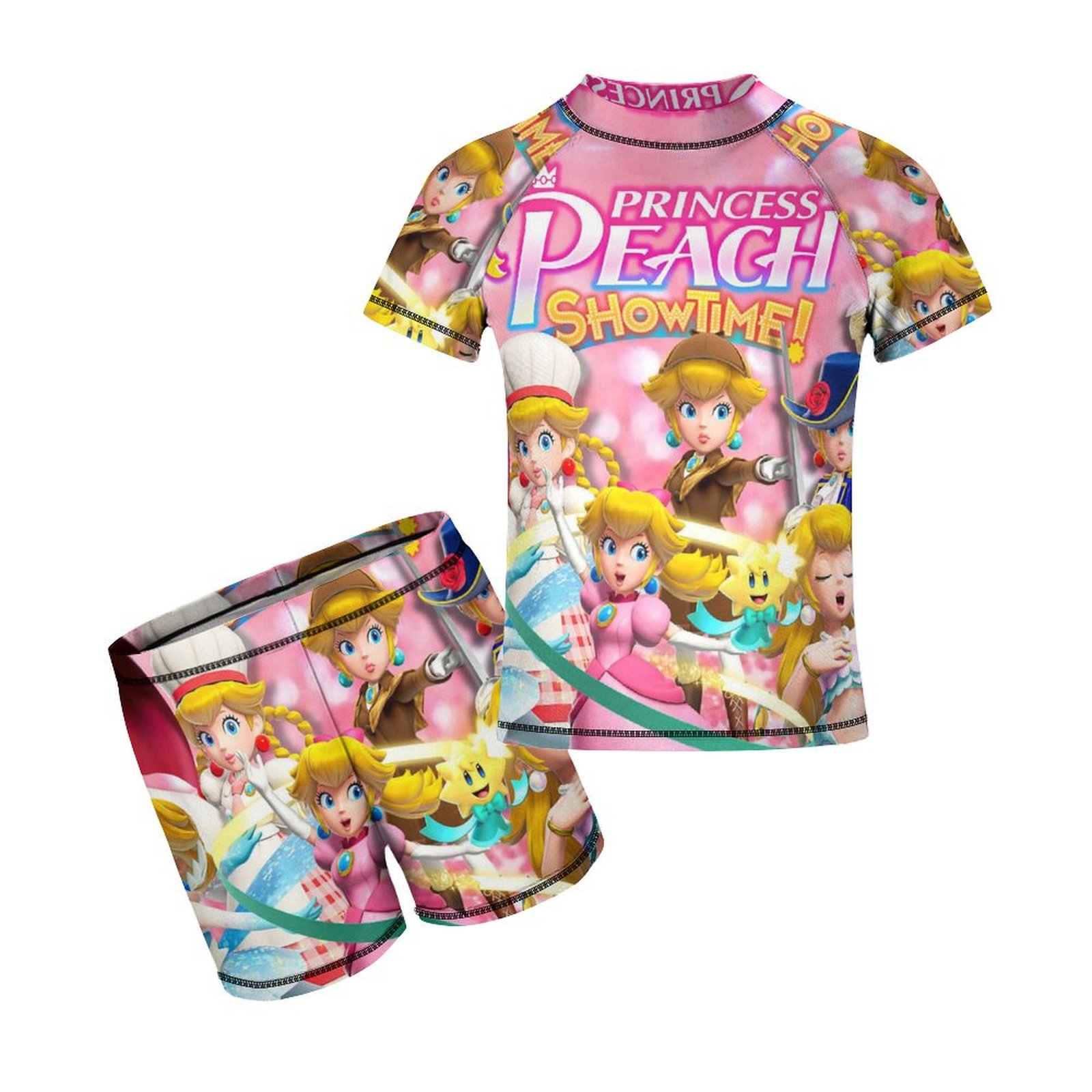 Princess Peach Boys Rash Guard Set 2 Piece Swimsuits Short Sleeve Bathing Suits with Trunks